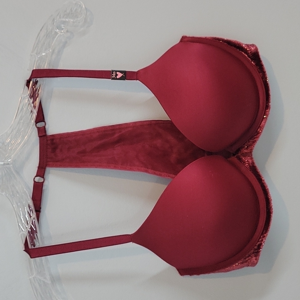 34D Victoria's Secret Burgundy Red VELVET FRONT Clasp Racerback Push Up Bra